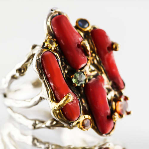 REAL CORAL AND SONGEA-MINED SAPPHIRE STERLING SILVER RING. HANDRAFTED. ORGANIC. GORGEOUS COLOUR