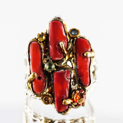 REAL CORAL AND SONGEA-MINED SAPPHIRE STERLING SILVER RING. HANDRAFTED. ORGANIC. GORGEOUS COLOUR