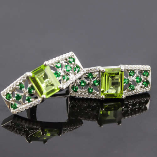 GORGEOUS OCTAGON PERIDOT, MARCASITE AND CHROME DIOPSIDE STERLING SILVER EARRINGS. 925. UNHEATED GEMS
