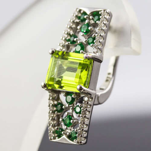 GORGEOUS OCTAGON PERIDOT, MARCASITE AND CHROME DIOPSIDE STERLING SILVER EARRINGS. 925. UNHEATED GEMS