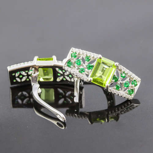GORGEOUS OCTAGON PERIDOT, MARCASITE AND CHROME DIOPSIDE STERLING SILVER EARRINGS. 925. UNHEATED GEMS