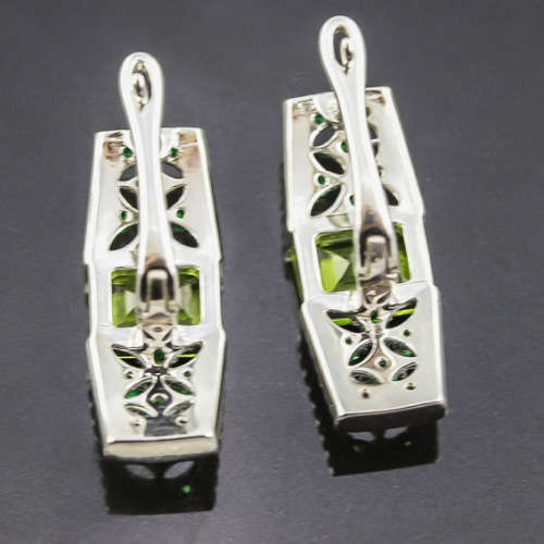 GORGEOUS OCTAGON PERIDOT, MARCASITE AND CHROME DIOPSIDE STERLING SILVER EARRINGS. 925. UNHEATED GEMS