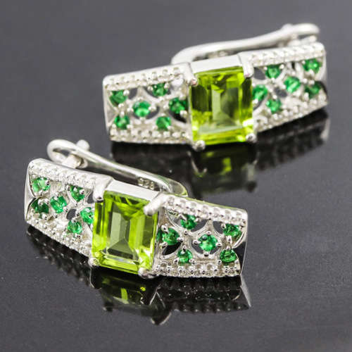 GORGEOUS OCTAGON PERIDOT, MARCASITE AND CHROME DIOPSIDE STERLING SILVER EARRINGS. 925. UNHEATED GEMS