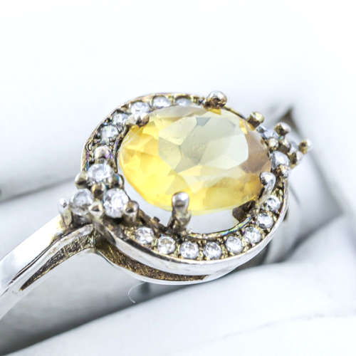 NATURAL CITRINE RING WITH CUBIC ZIRCONIA HALO IN SOLID STERLING SILVER. 925