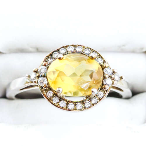 NATURAL CITRINE RING WITH CUBIC ZIRCONIA HALO IN SOLID STERLING SILVER. 925