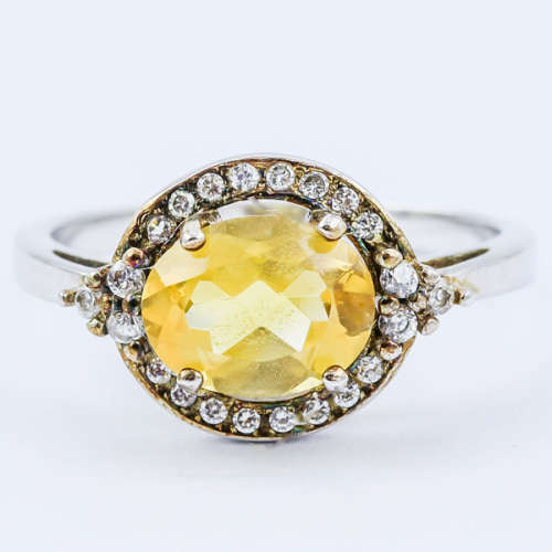 NATURAL CITRINE RING WITH CUBIC ZIRCONIA HALO IN SOLID STERLING SILVER. 925