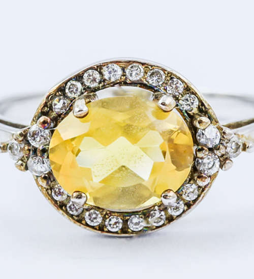 NATURAL CITRINE RING WITH CUBIC ZIRCONIA HALO IN SOLID STERLING SILVER. 925