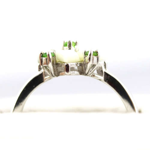 DAINTY FLORAL NATURAL CHROME DIOPSIDE AND MOTHER OF PEARL STERLING SILVER RING.925