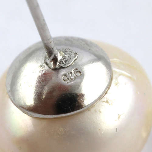 ORGANIC LARGE BAROQUE PEARL STERLING SILVER STUD EARRINGS. 925. NATURAL PINKISH IRIDESCENCE