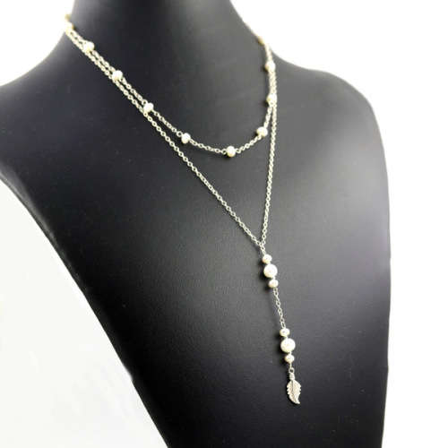 PRETTY 56CM STERLING SILVER CABLE LINK DOUBLE NECKLACE WITH BAROQUE PEARL ACCENTS. 925