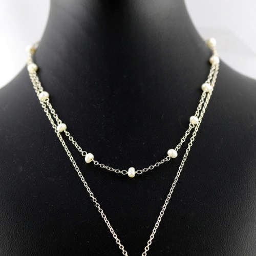 PRETTY 56CM STERLING SILVER CABLE LINK DOUBLE NECKLACE WITH BAROQUE PEARL ACCENTS. 925