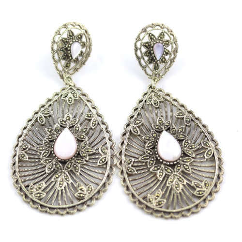 VERY LARGE GLAMOROUS MOTHER-OF-PEARL AND MARCASITE DROP and DANGLE EARRINGS IN STERLING SILVER. 925