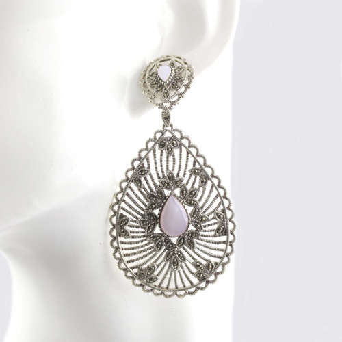VERY LARGE GLAMOROUS MOTHER-OF-PEARL AND MARCASITE DROP and DANGLE EARRINGS IN STERLING SILVER. 925