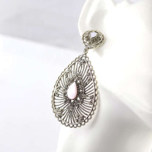 VERY LARGE GLAMOROUS MOTHER-OF-PEARL AND MARCASITE DROP and DANGLE EARRINGS IN STERLING SILVER. 925