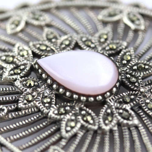 VERY LARGE GLAMOROUS MOTHER-OF-PEARL AND MARCASITE DROP and DANGLE EARRINGS IN STERLING SILVER. 925