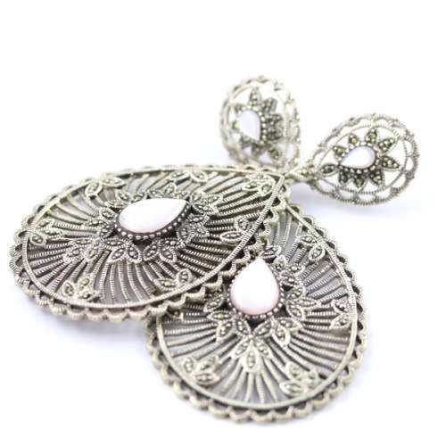 VERY LARGE GLAMOROUS MOTHER-OF-PEARL AND MARCASITE DROP and DANGLE EARRINGS IN STERLING SILVER. 925