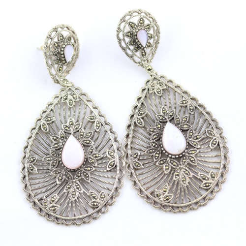 VERY LARGE GLAMOROUS MOTHER-OF-PEARL AND MARCASITE DROP and DANGLE EARRINGS IN STERLING SILVER. 925