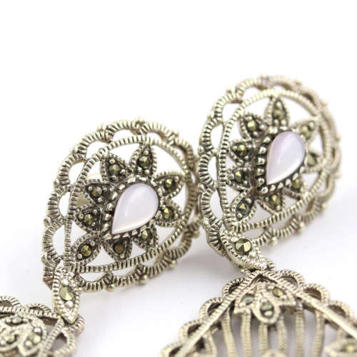 VERY LARGE GLAMOROUS MOTHER-OF-PEARL AND MARCASITE DROP and DANGLE EARRINGS IN STERLING SILVER. 925