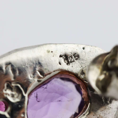 AVANT GARDE HANDCRAFTED LONG STERLING SILVER AMETHYST and RHODOLITE GARNET EARRINGS HAMMERED FINISH