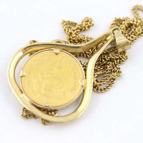 COLLECTABLE VINTAGE 1/10th KRUGERRAND PENDANT ON 52CM CURB CHAIN. 9K * JEWELLER EVALUATION R22`000 *