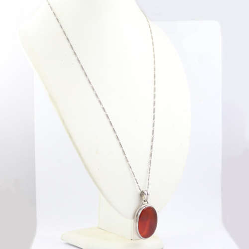 FABULOUS LARGE NATURAL OVAL CARNELIAN PENDANT ON 60cm LONG STERLING SILVER FIGARO LINK CHAIN