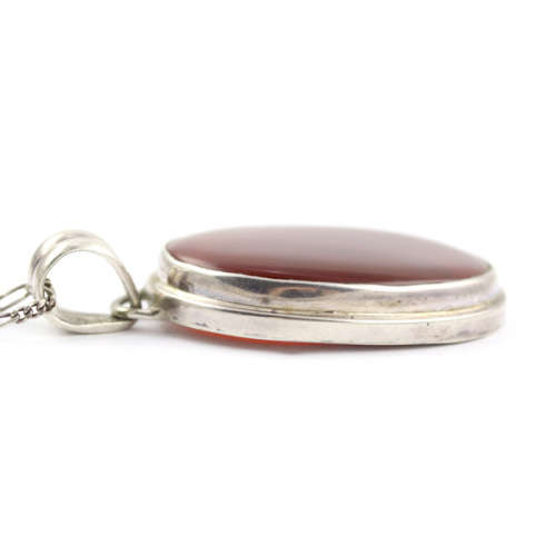 FABULOUS LARGE NATURAL OVAL CARNELIAN PENDANT ON 60cm LONG STERLING SILVER FIGARO LINK CHAIN