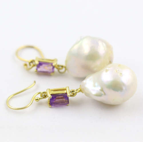 GLAMOROUS VINTAGE AMETHYST AND BAROQUE PEARL GILDED STERLING SILVER DROP and DANGLE EARRINGS. 925