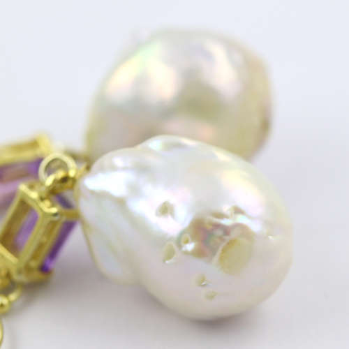GLAMOROUS VINTAGE AMETHYST AND BAROQUE PEARL GILDED STERLING SILVER DROP and DANGLE EARRINGS. 925
