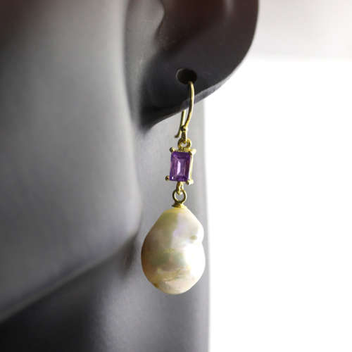 GLAMOROUS VINTAGE AMETHYST AND BAROQUE PEARL GILDED STERLING SILVER DROP and DANGLE EARRINGS. 925