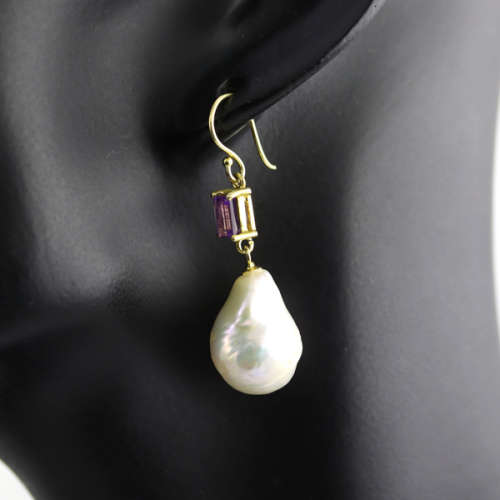 GLAMOROUS VINTAGE AMETHYST AND BAROQUE PEARL GILDED STERLING SILVER DROP and DANGLE EARRINGS. 925