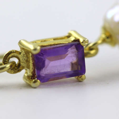 GLAMOROUS VINTAGE AMETHYST AND BAROQUE PEARL GILDED STERLING SILVER DROP and DANGLE EARRINGS. 925