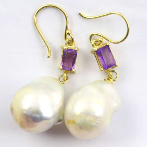 GLAMOROUS VINTAGE AMETHYST AND BAROQUE PEARL GILDED STERLING SILVER DROP and DANGLE EARRINGS. 925