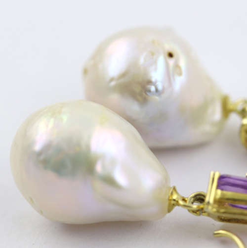 GLAMOROUS VINTAGE AMETHYST AND BAROQUE PEARL GILDED STERLING SILVER DROP and DANGLE EARRINGS. 925