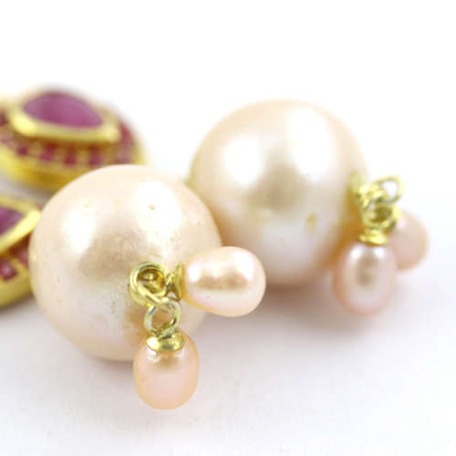 GLAMOROUS RUBY AND BAROQUE PEARL YELLOW GOLD-HUED STERLING SILVER DROP AND DANGLE EARRINGS. 925