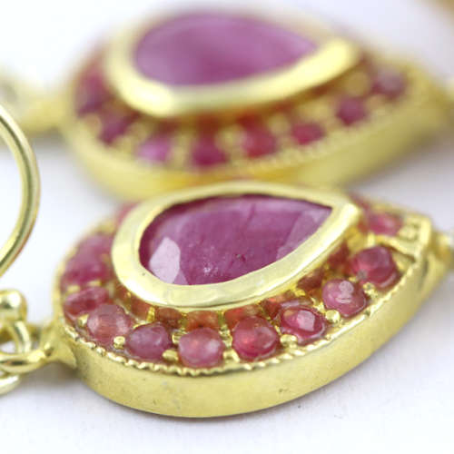 GLAMOROUS RUBY AND BAROQUE PEARL YELLOW GOLD-HUED STERLING SILVER DROP AND DANGLE EARRINGS. 925