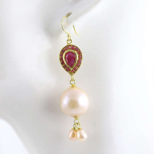 GLAMOROUS RUBY AND BAROQUE PEARL YELLOW GOLD-HUED STERLING SILVER DROP AND DANGLE EARRINGS. 925