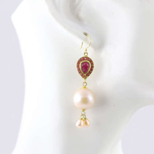 GLAMOROUS RUBY AND BAROQUE PEARL YELLOW GOLD-HUED STERLING SILVER DROP AND DANGLE EARRINGS. 925