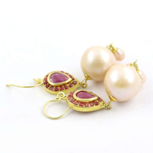 GLAMOROUS RUBY AND BAROQUE PEARL YELLOW GOLD-HUED STERLING SILVER DROP AND DANGLE EARRINGS. 925