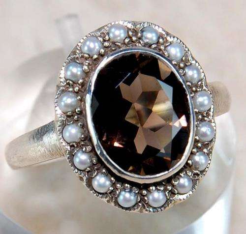 GENUINE 2 CT SMOKEY TOPAZ & SEED PEARLS IN STERLING SILVER RING FROM ENGLAND