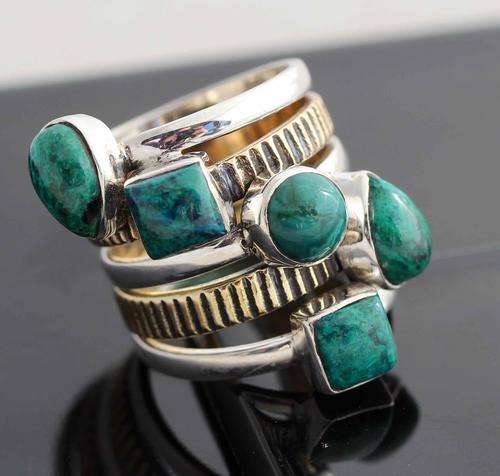 VERY LARGE HAND-CRAFTED CHRYSOCOLLA, STERLING SILVER RING. COPPER ACCENTS