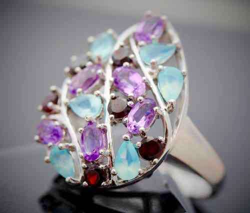 LARGE AMETHYST, GARNET, CHALCEDONY CLUSTER RING. NATURAL MINED! STERLING SILVER 925 STUNNING!!