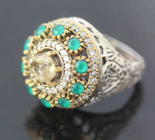 GORGEOUS LARGE CITRINE AND GREEN ONYX STATEMENT RING SET IN STERLING SILVER
