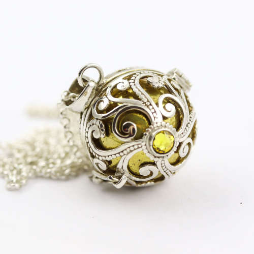 `ANGEL CALLER` HARMONY BALL PENDANT HANDWORK STERLING SILVER CAGE GOLD INNER BALL ON LONG 50cm CHAIN