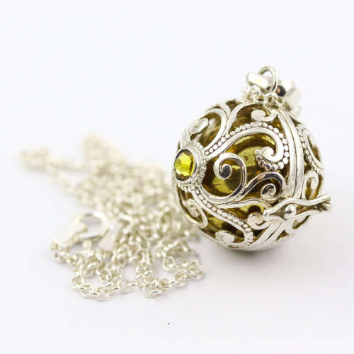 `ANGEL CALLER` HARMONY BALL PENDANT HANDWORK STERLING SILVER CAGE GOLD INNER BALL ON LONG 50cm CHAIN