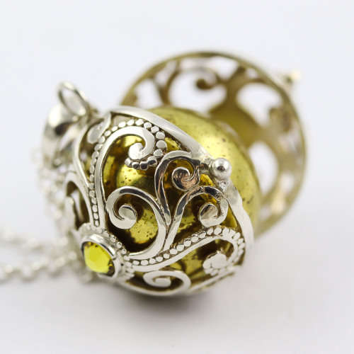 `ANGEL CALLER` HARMONY BALL PENDANT HANDWORK STERLING SILVER CAGE GOLD INNER BALL ON LONG 50cm CHAIN
