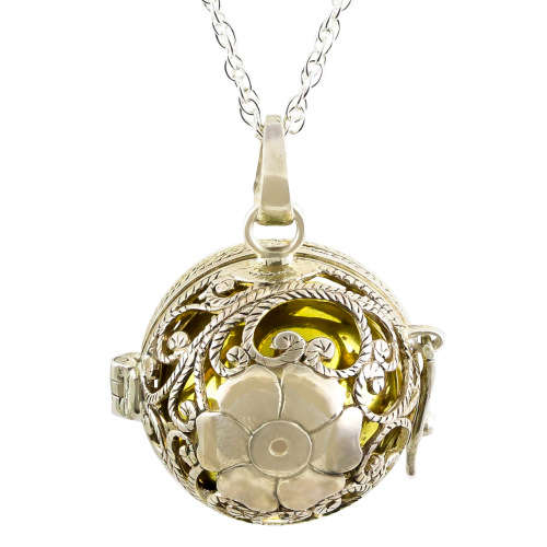 `ANGEL CALLER` HARMONY BALL PENDANT HANDWORK STERLING SILVER CAGE GOLD INNER BALL ON LONG 64cm CHAIN