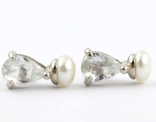 UNHEATED AQUAMARINE GEMSTONE AND NATURAL PEARL STERLING SILVER STUD EARRINGS