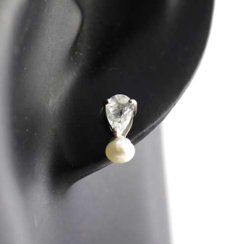 UNHEATED AQUAMARINE GEMSTONE AND NATURAL PEARL STERLING SILVER STUD EARRINGS