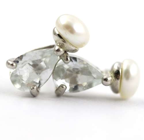 UNHEATED AQUAMARINE GEMSTONE AND NATURAL PEARL STERLING SILVER STUD EARRINGS