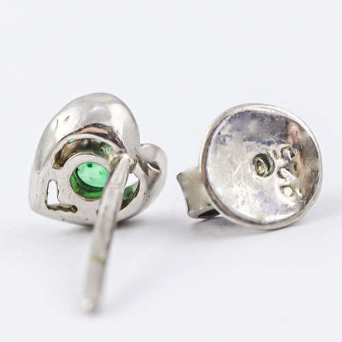 VINTAGE HEART DESIGN EMERALD SOLID STERLING SILVER STUD EARRINGS PART OF `ESTATE COLLECTION` ENGLAND